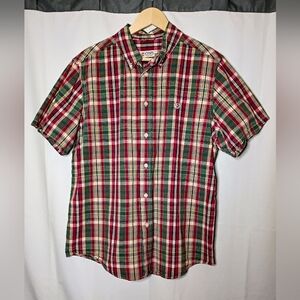 Vintage Chaps Plaid Short Sleeve Shirt Red Green Navy L 100% Cotton